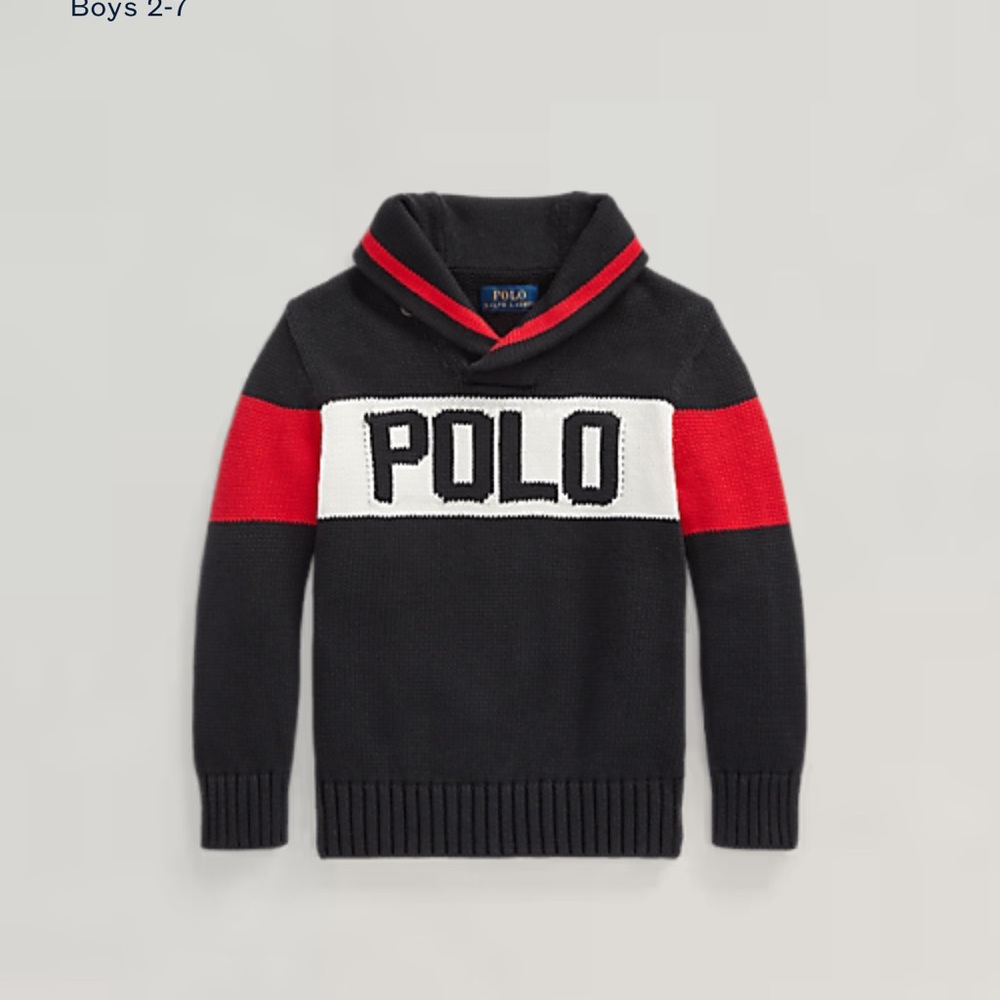 POLO Black and Red Knit Logo Cotton Shawl-Collar Sweater 3T